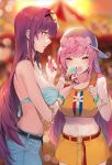  2girls belt blue_bikini_top blurry blurry_background blush bracelet breasts candy commentary_request crop_top damda denim denim_skirt eyewear_on_head fate/grand_order fate_(series) food hat heart heart-shaped_eyewear ice_cream_cone jewelry large_breasts long_hair medb_(fate)_(all) medb_(fate/grand_order) multicolored multicolored_background multiple_girls navel necklace open_mouth pink_hair purple_hair red_eyes ring scathach_(fate)_(all) scathach_(fate/grand_order) shirt skirt sleeveless strapless strapless_bikini sunglasses sunlight wristband yellow_eyes yellow_shirt 