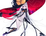  1girl abigail_williams_(fate/grand_order) aonogura bangs black_bow black_gloves black_headwear black_panties bow fate/grand_order fate_(series) gloves hat highres holding key keyhole large_hat long_hair looking_at_viewer multiple_bows navel orange_bow pale_skin panties parted_bangs red_eyes simple_background smile solo underwear very_long_hair white_background white_hair witch_hat 