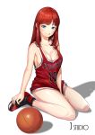  1girl artist_name basketball between_legs blue_eyes breasts cleavage cosplay full_body hand_between_legs joe_(j_studio) large_breasts licking_lips long_hair looking_at_viewer red_hair sakuragi_hanamichi sakuragi_hanamichi_(cosplay) shadow shoes simple_background sitting slam_dunk sneakers solo tongue tongue_out white_background 