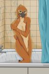  anthro avian beak bird breasts covering feathers female hi_res nude shower solo unknown_artist wet 