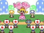  1girl 6+boys black_eyes blonde_hair bow braid brown_footwear character_name crown dress elbow_gloves ghost-pepper gloves mario_(series) multiple_boys new_super_mario_bros._u_deluxe pants parody peachette pink_bow pointing puffy_short_sleeves puffy_sleeves rhythm_tengoku rhythm_tengoku_gold shoes short_sleeves sign smile solid_circle_eyes super_crown toad toadette twin_braids vest white_gloves white_pants 
