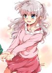  1girl 1other artist_name blue_eyes charlotte_(anime) commentary_request cowboy_shot dated highres holding_hands long_hair long_sleeves looking_to_the_side misaki_juri open_mouth pink_background pink_sweater red_skirt silver_hair skirt smile sweater teeth tomori_nao two_side_up 