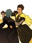  2boys ;) braid brown_hair byleth_(fire_emblem) byleth_(fire_emblem)_(male) claude_von_riegan dancing fire_emblem fire_emblem:_three_houses garreg_mach_monastery_uniform green_hair holding_hands kukumomo male_focus multiple_boys one_eye_closed single_braid smile tan yaoi 