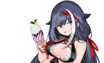 1girl alternate_costume azur_lane bangs bare_shoulders bat black_bikini_top black_choker black_hair black_nails blue_eyes breasts choker deutschland_(azur_lane) deutschland_(service_time?!)_(azur_lane) eyebrows_visible_through_hair food food_on_breasts front-tie_bikini front-tie_top hair_between_eyes hair_flaps hair_ribbon hand_up holding holding_food ice_cream ice_cream_cone ioa2324 large_breasts long_hair looking_at_viewer low_twintails multicolored_hair nail_polish red_hair red_ribbon ribbon shiny shiny_hair simple_background solo star streaked_hair tongue tongue_out twintails upper_body white_hair 