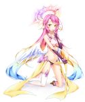  1girl angel_wings breasts bridal_gauntlets feathered_wings gloves gradient_hair halo ikasoke_(likerm6au) jibril_(no_game_no_life) kneeling large_breasts long_hair looking_at_viewer low_wings magic_circle midriff mismatched_legwear multicolored_hair navel no_game_no_life pink_hair shoes single_shoe smile solo tattoo very_long_hair white_wings wing_ears wings yellow_eyes 