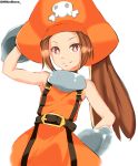  1girl absurdres arm_behind_head arm_up armpits artist_name bare_shoulders belt belt_buckle bright_pupils brown_hair buckle flat_chest gloves guilty_gear guilty_gear_xrd hat highres long_hair looking_at_viewer may_(guilty_gear) millerbrave orange_headwear pants pirate pirate_hat red_eyes simple_background skull_and_crossbones sleeveless smile solo twitter_username white_background white_pupils 