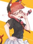  1girl ;d adjusting_eyewear animal_ear_fluff animal_ears bangs bespectacled black-framed_eyewear black_bow black_shirt blunt_bangs bow braid cat_ears cat_tail commentary_request cowboy_shot eyebrows_visible_through_hair fang glasses hair_bow hand_on_hip hand_up head_tilt highres kaenbyou_rin long_hair miniskirt multiple_tails necktie nekomata one_eye_closed open_mouth pleated_skirt pointy_ears red_eyes red_hair red_neckwear senzaicha_kasukadoki shirt short_sleeves skin_fang skirt smile solo star tail touhou twin_braids twintails two-tone_background two_tails white_background white_skirt yellow_background 