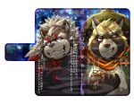  2019 anthro belly brown_fur canid canine clothing duo eyes_closed fur goemon_(tas) gyobu hat headgear headwear hi_res japanese_text male mammal raccoon_dog robe scar tanuki teeth text tokyo_afterschool_summoners video_games yukikazefactory 