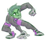  beast_boy belt biped clothed clothing fist footwear fully_clothed gloves green_hair green_skin hair handwear humanoid humanoid_pointy_ears justautumn male not_furry pose shoes signature simple_background solo teen_titans teeth white_background 