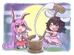  2girls :o ;d animal_ears bangs barefoot black_footwear black_hair blush_stickers border bunny_ears bunny_tail chibi commentary_request dress eyebrows_visible_through_hair full_moon hair_between_eyes hands_up holding inaba_tewi kine long_hair miniskirt mochi mochitsuki moon multiple_girls necktie night night_sky one_eye_closed open_mouth outdoors pink_dress pink_skirt puffy_short_sleeves puffy_sleeves purple_hair red_eyes red_neckwear reisen_udongein_inaba shirt shoes short_hair short_sleeves skirt sky smile socks syuri22 tail touhou v-shaped_eyebrows very_long_hair white_border white_legwear white_shirt 