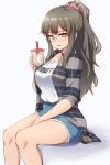  1girl alternate_costume blue_shorts breasts brown_eyes brown_hair bubble_tea clothes_writing commentary_request cutoffs denim denim_shorts drinking_straw forneus_0 futaba_rio glasses grey_shirt highres invisible_chair large_breasts long_hair looking_at_viewer open_clothes plaid plaid_shirt ponytail seishun_buta_yarou shirt shorts simple_background sitting solo white_background white_shirt 