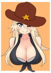  1girl absurdres badge bangs blonde_hair blue_eyes breasts cleavage collarbone cowboy_hat crop_top front-tie_top hair_between_eyes hat headwear highres iowa_(kantai_collection) kantai_collection large_breasts looking_at_viewer one_eye_closed simple_background smile symbol-shaped_pupils the_only_shoe upper_body 