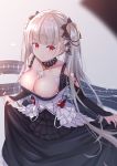  1girl azur_lane bangs bare_shoulders between_breasts black_dress blush breasts cleavage dress earrings eyebrows_visible_through_hair f_(milfaaaaa) flight_deck formidable_(azur_lane) frilled_dress frills grey_hair hair_ornament hair_ribbon highres jewelry large_breasts long_hair long_sleeves looking_at_viewer red_eyes ribbon rigging skirt_hold solo twintails 