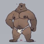 2019 anthro belly brown_fur clothing cute_fangs eyes_closed fur male mammal minedoo moobs nipples overweight overweight_male simple_background solo underwear ursid 