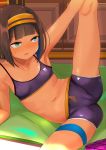  1girl absurdres arm_up armpits bare_shoulders bike_shorts black_hair blush breasts cameltoe collarbone commentary_request dark_skin green_eyes hairband highres indoors leg_lift leg_up navel nose_blush original parted_lips purple_shorts short_hair short_shorts shorts small_breasts solo sports_bra sweat toy_box-r yoga 