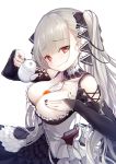  1girl azur_lane bangs bare_shoulders between_breasts black_dress black_nails blush breast_suppress breasts cleavage cowboy_shot dress earrings eyebrows_visible_through_hair formidable_(azur_lane) frilled_dress frills frown grey_hair hair_ornament hair_ribbon head_tilt holding_teapot jewelry kurenai_musume large_breasts long_hair long_sleeves looking_at_viewer pouring_onto_self red_eyes revision ribbon rigging simple_background solo twintails wavy_mouth white_background 
