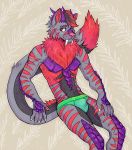  2019 anthro antonwinnerson bulge claws clothing digital_media_(artwork) dragon fangs felid feline fingers fur hi_res horn hybrid looking_at_viewer machairodontine male mammal raiza_kynzo sabertooth_(disambiguation) scales scalie simple_background smile smilodon solo teeth underwear 