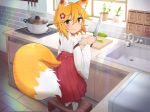  1girl animal_ear_fluff animal_ears blonde_hair blush cooking cutting_board flower fox_ears fox_girl fox_tail hair_flower hair_ornament hakama highres holding holding_knife indoors japanese_clothes kimono kitchen knife looking_at_viewer looking_back miko n3moni pot red_flower red_hakama senko_(sewayaki_kitsune_no_senko-san) sewayaki_kitsune_no_senko-san sink stove tail tail_raised white_kimono white_legwear yellow_eyes 