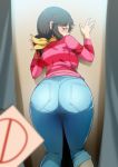  1girl ass bent_over blurry_foreground blush brown_eyes commentary_request denim eyebrows_visible_through_hair fiona_(the_loud_house) hair_ribbon highres jcm2 jeans long_sleeves looking_at_viewer medium_hair mole mole_under_eye pants red_sweater ribbon solo striped striped_sweater sweater the_loud_house v-shaped_eyebrows yellow_ribbon 