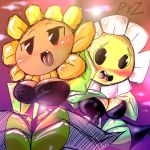  1:1 2019 anthro big_breasts blush bra breasts clothing digital_media_(artwork) duo electronic_arts female flora_fauna flower lights living_flower looking_at_viewer marigold not_furry open_mouth plant plants_vs._zombies popcap_games simple_background smile standing sunflower sunflower_(pvz) underwear video_games 