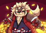  2019 anthro belly brown_fur canid canine clothing fur goemon_(tas) hi_res humanoid_hands kusosensei male mammal overweight overweight_male raccoon_dog robe solo tanuki tokyo_afterschool_summoners video_games 