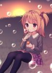  1girl bad_id bad_twitter_id bangs black_legwear black_shirt blush brown_hair bubble bubble_blowing chitosezaka_suzu collared_shirt eyebrows_visible_through_hair feet_out_of_frame hair_bobbles hair_ornament holding long_hair long_sleeves looking_away on_grass one_side_up original outdoors pleated_skirt purple_skirt red_eyes shirt sitting skirt sky solo sunset thighhighs 