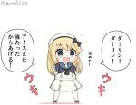  1girl blonde_hair blue_eyes blue_sailor_collar chibi commentary_request dress food full_body gloves goma_(yoku_yatta_hou_jane) hat jervis_(kantai_collection) kantai_collection long_hair mary_janes open_mouth popsicle popsicle_stick sailor_collar sailor_dress sailor_hat shoes short_sleeves simple_background smile solo standing translation_request twitter_username white_background white_dress white_gloves white_headwear 