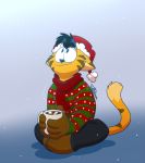  anthro beverage blue_nose bottomwear christmas clothed clothing domestic_cat felid feline felis fully_clothed fur gloves handwear hat headgear headwear holding_object holidays hot_chocolate hot_cocoa justautumn mammal marshmallow pants santa_hat scarf signature sitting smile snow snowing solo striped_fur stripes sweater topwear 
