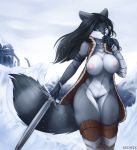  absurd_res anthro armor black_hair black_nose blue_eyes breasts clothing digital_media_(artwork) female hair hi_res ice jewelry legwear mammal melee_weapon nude procyonid pussy raccoon redwix sila_dione solo sword weapon 