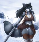  2019 absurd_res animal_genitalia anthro armor black_hair black_nose blue_eyes breasts clothed clothing detailed_background digital_media_(artwork) female fur hair hi_res holding_object holding_weapon ice jewelry legwear mammal melee_weapon procyonid raccoon redwix sila_dione snow solo standing sword tundra weapon 