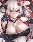  1girl azur_lane bangs bare_shoulders between_breasts black_dress blush breasts cleavage dress earrings eyebrows_visible_through_hair formidable_(azur_lane) frilled_dress frills grey_hair hair_ornament hair_ribbon hand_up jewelry large_breasts long_hair long_sleeves looking_at_viewer misako12003 red_eyes ribbon rigging solo twintails 