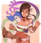  2girls ^_^ blue_hair breasts brown_hair closed_eyes dark_skin flower green_eyes hair_flower hair_ornament happy highres hug jewelry league_of_legends lizard_tail midriff multiple_girls navel necklace neeko_(league_of_legends) nidalee ponytail short_shorts shorts smile splashbrush tail vambraces yellow_eyes 