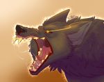  ambiguous_form ambiguous_gender angry black_nose black_sclera bodily_fluids canid canine fur glowing glowing_eyes grey_fur justautumn mammal open_mouth saliva signature solo teeth tongue yellow_eyes yellow_teeth 