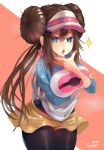  1girl black_legwear blue_eyes blush breasts brown_hair commentary_request double_bun highres large_breasts long_fingers long_hair looking_at_viewer mei_(pokemon) open_mouth pantyhose pink_nails pokemon pokemon_(game) pokemon_bw2 pokemon_masters shorts solo torieto twintails visor_cap yellow_shorts 