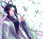  1girl bangs black_hair blue_eyes breasts bug butterfly butterfly_hair_ornament commentary_request hair_ornament highres hiiragi_mikoto insect japanese_clothes kimetsu_no_yaiba kochou_shinobu large_breasts leaf looking_at_viewer parted_bangs purple_eyes solo wide_sleeves 