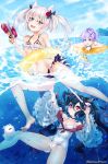  +_+ 3girls absurdres animal_ears ass_grab azur_lane bikini black_hair blue_eyes blue_sky blush breasts cameltoe cat_ears cat_girl cat_tail commentary covered_navel cross_hair_ornament day detached_sleeves english_commentary fang flower focused freediving grabbing_another&#039;s_ass groping hair_flower hair_ornament hammann_(azur_lane) highres holding_water_gun i-168_(azur_lane) innertube javelin_(azur_lane) long_hair looking_at_another looking_up medium_hair multiple_girls navel ocean outdoors ponytail purple_hair red_eyes ribbon-trimmed_sleeves ribbon_trim sereneandsilent silver_hair skin_tight sky small_breasts splashing swimming swimsuit tail thighs twintails very_long_hair water_gun white_swimsuit wide_sleeves yuri 