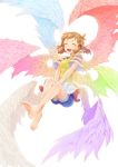  1girl angel_wings barefoot hair_ornament hairclip highres judo_fuu light_brown_hair multiple_wings senki_zesshou_symphogear seraph shorts smile tachibana_hibiki_(symphogear) white_background wings 