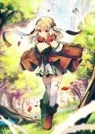  1girl aoi_koto_madoka blonde_hair boots breasts check_character cleavage commentary_request day detached_sleeves full_body grass large_breasts log medium_hair merschrose outdoors pixiv_fantasia pixiv_fantasia_last_saga red_eyes skirt solo standing tree water waterfall white_legwear 