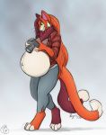  2019 anthro belly big_belly biped camera clothing digital_media_(artwork) domestic_cat felid feline felis female fur geckoguy123456789 green_eyes hair hi_res invalid_tag legwear mammal orange_hair pregnant royalty_(artist) simple_background smile solo standing 