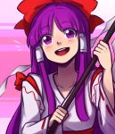  1girl :d bangs blunt_bangs bow commentary english_commentary eyebrows_visible_through_hair eyes_visible_through_hair gohei hair_bow hair_tubes hakurei_reimu hakurei_reimu_(pc-98) japanese_clothes long_hair long_sleeves looking_at_viewer miko open_mouth purple_eyes purple_hair red_bow ribbon-trimmed_sleeves ribbon_trim sidelocks smile solo speckticuls touhou touhou_(pc-98) upper_body upper_teeth wide_sleeves 