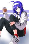  adidas ahoge artist_name blue_eyes blue_hair casual chaesu coffee_cup cup disposable_cup eyebrows_visible_through_hair hairband highres light_smile long_hair orie_(under_night_in-birth) pants red_legwear shoes sitting sneakers socks striped striped_background sweatpants sweatshirt under_night_in-birth white_hairband 