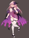  2018 acechan_f blush breasts butt choker clothed clothing cute_fangs demon female full-length_portrait gloves grey_background hair hand_on_breast handwear hi_res horn humanoid humanoid_pointy_ears jewelry legwear long_hair necklace nipple_outline not_furry open_mouth pink_hair portrait simple_background slit_pupils small_breasts solo spade_tail standing thigh_highs translucent translucent_clothing wings yellow_eyes 