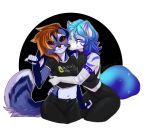  2019 5_fingers anthro black_sclera blue_hair brown_hair canid canine canis clothed clothing digital_media_(artwork) domestic_dog duo female fingers hair hi_res mammal midriff navel omesore smile 
