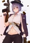  1girl abs absurdres breasts briefcase character_name cleavage eko.art fedora girls_frontline glasses gloves gun hat highres huge_filesize jacket_on_shoulders large_breasts navel purple_hair red_eyes shell_casing solo submachine_gun thompson_(girls_frontline) thompson_submachine_gun trigger_discipline weapon wristband 