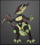 2018 anthro big_breasts breasts claws clothed clothing digital_media_(artwork) female grey_background hat headgear headwear hi_res holding_object holding_weapon horn kobold legwear looking_at_viewer magic_user melee_weapon navel non-mammal_breasts robotjoe scalie simple_background solo standing thick_thighs toeless_legwear weapon wide_hips witch witch_hat 