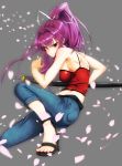  1girl breasts brown_eyes camisole cherry_blossoms denim english_commentary fighting_stance grey_background hair_intakes hair_ribbon high_heels high_ponytail jeans large_breasts midriff navel ootachi pants petals purple_hair rabittofaa ribbon sandals scabbard sheath sheathed sideboob smile solo spaghetti_strap stomach toes under_night_in-birth yuzuriha_(under_night_in-birth) 