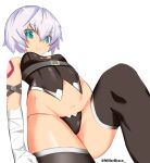  1girl :| absurdres aqua_eyes artist_name bandaged_arm bandages bangs bare_shoulders black_panties breasts closed_mouth eyebrows_visible_through_hair facial_scar fate/apocrypha fate/grand_order fate_(series) from_below highres jack_the_ripper_(fate/apocrypha) looking_at_viewer millerbrave navel panties scar scar_across_eye scar_on_cheek short_hair shoulder_tattoo silver_hair simple_background small_breasts solo standing tattoo thighhighs thighs twitter_username underwear white_background 