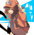  1girl anchor backpack bag bangs baseball_cap blunt_bangs blush brown_eyes brown_hair coat guilty_gear_2020 hat hyakuhachi_(over3) may_(guilty_gear) orange_coat orange_headwear oversized_clothes skull_and_crossbones solo 