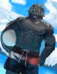  abs anthro ball biceps big_muscles biped bottomwear clothed clothing cloud felid hi_res krampus_(housamo) lion male mammal mane_hair muscular muscular_male obliques outside pantherine pecs scar shorts sky smile solo stakeho_lder swimwear tokyo_afterschool_summoners topless triceps video_games water 