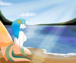  2019 anthro beach big_breasts breasts butt cloud crocodile crocodilian crocodylid day detailed_background digital_media_(artwork) female grumpy_griffin_creations hair landscape looking_at_viewer nipples nude outside reptile sand scales scalie seaside sky smile solo surfboard water 